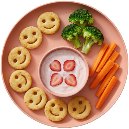 Prato infantil rosa organizado de forma lúdica com batatas em formato de carinha sorridente, floretes de brócolis, palitos de cenoura e uma tigela central de iogurte com morangos.